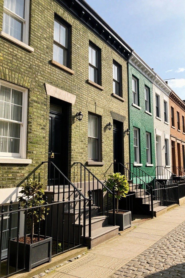 Row of narrow brick townhouses painted green, white, and other colors with black front doors, iron stair railings, potted plants, and a cobblestone sidewalk.