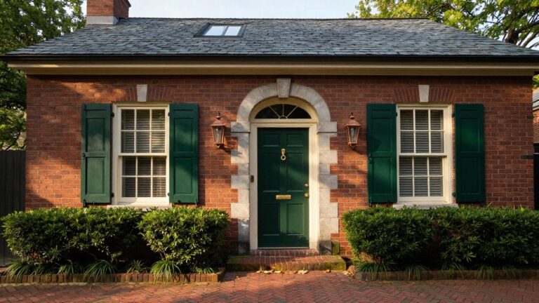 A two-story red brick house with dark green shutters on multi-pane windows, dormer windows on a slate roof, a green front door with brass hardware, lanterns, and boxwood shrubs along the brick walkway.