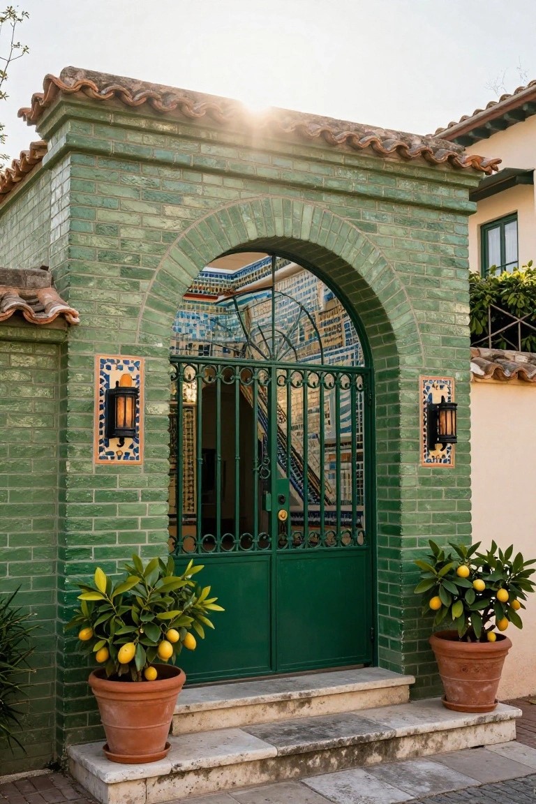 Green glazed brick exterior archway with wrought-iron gate, flanked by wall lanterns and terracotta pots holding lemon trees on stone steps.