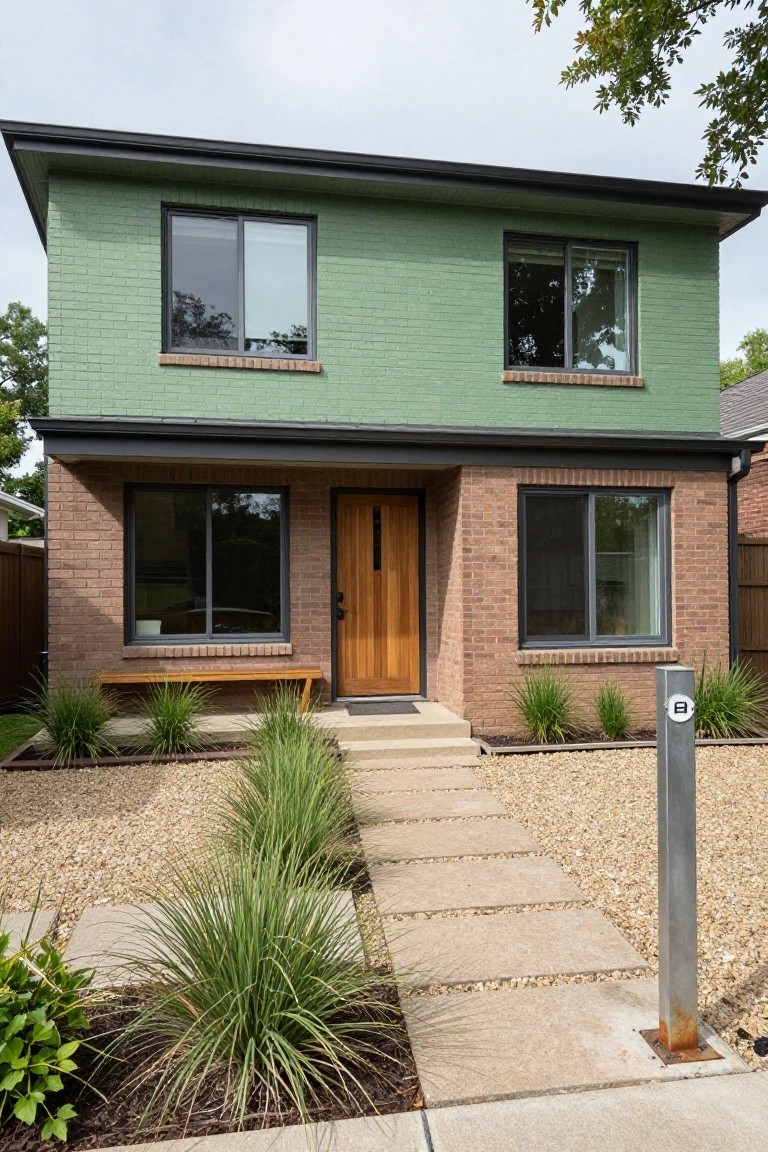 Two-story house with green brick upper facade, reddish brick lower section, black metal roof trim and window frames, wooden front door, concrete steps flanked by grasses and gravel, and a metal post nearby.