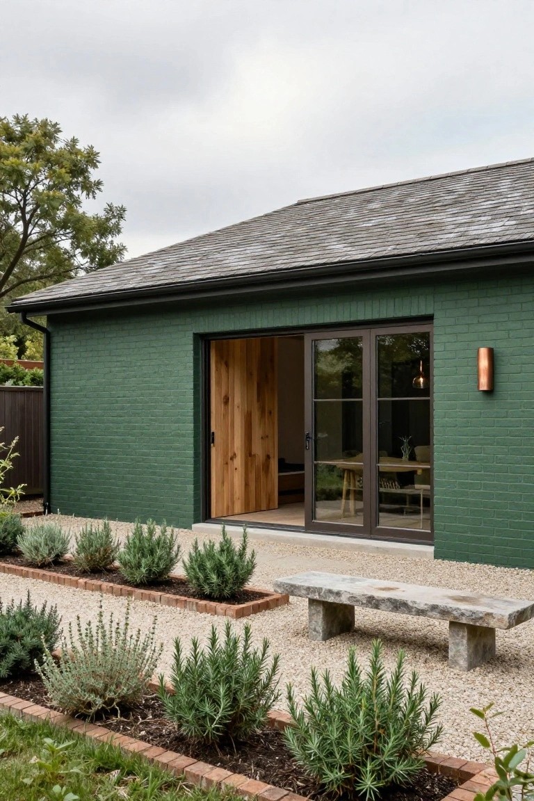Green brick outbuilding with open timber-framed sliding glass doors revealing a wooden interior and dining area, copper wall light, gravel garden bed with lavender plants, and stone bench in front.