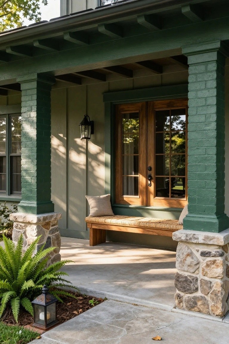 Front porch featuring tall green painted brick columns on stone bases flanking wooden double doors, with sage green siding, a wooden bench with beige cushions, ferns in a bed, and lanterns.