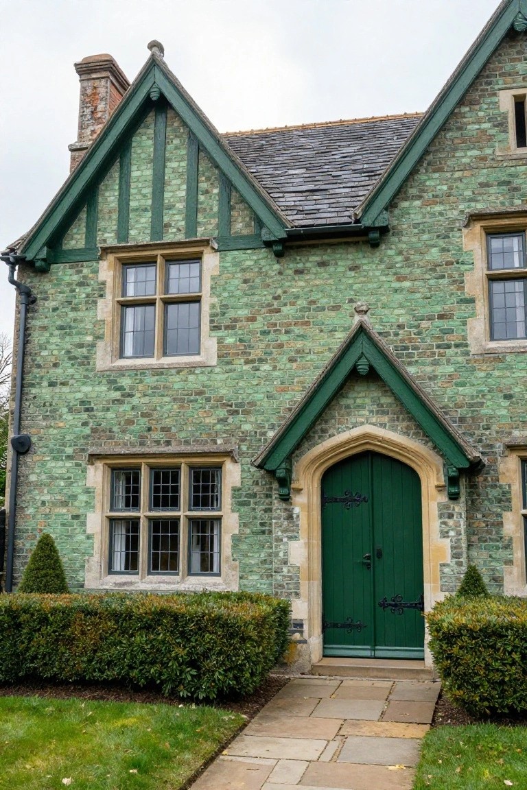 Two-story green brick house in Tudor style with dark green timber framing, stone mullioned windows, arched green front door with black iron hardware, flanked by boxwood shrubs and a stone pathway on a lawn.