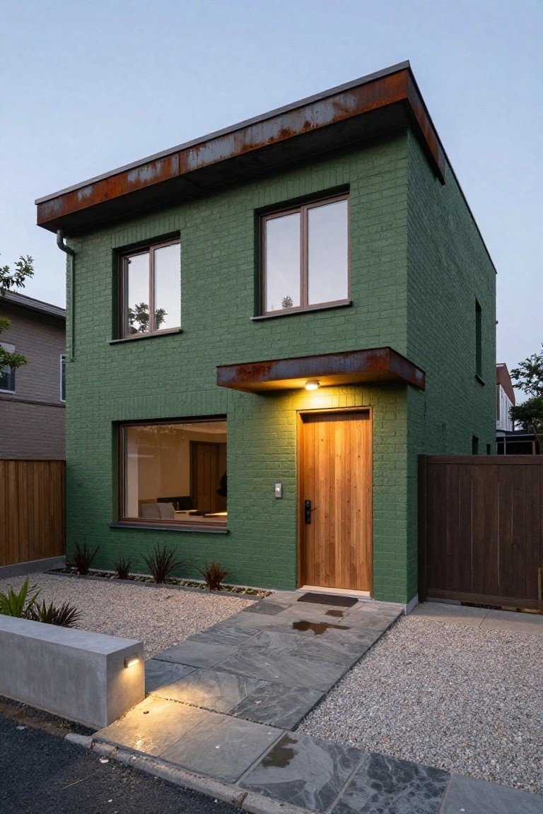 Two-story green brick house with rusted metal flat roof and awning over wooden front door, large windows, gravel path, low plants, and fence alongside at dusk.