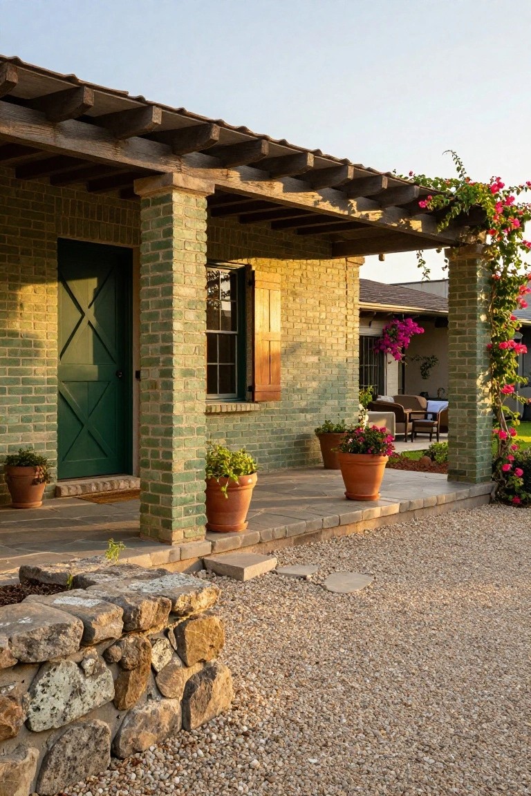 Brick house exterior featuring a green wooden door with X-bracing, flanked by a wooden pergola draped in pink bougainvillea, potted plants on the porch, and gravel ground cover.