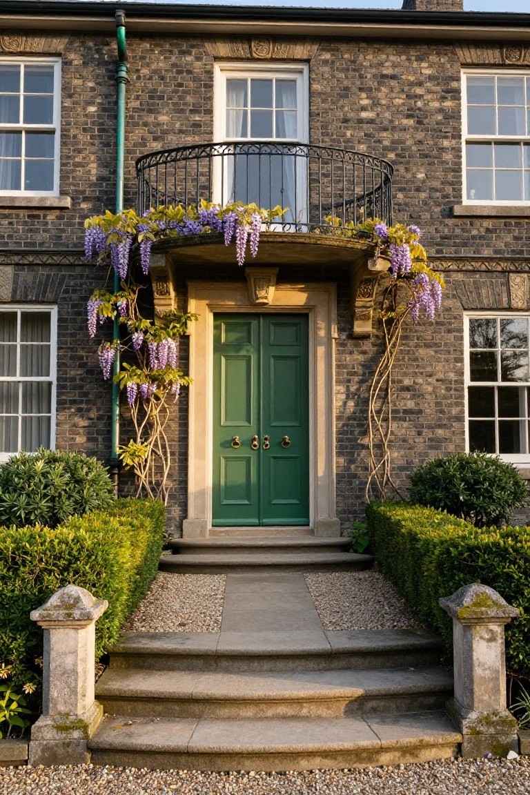 Brick house exterior with dark brick walls, a green double front door in a stone surround, purple wisteria vines cascading over the entry, flanked by boxwood shrubs and stone steps leading to a gravel path.