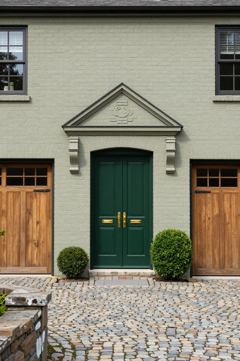 Pale green brick house exterior featuring dark green double front doors with gold knockers under a triangular pediment, flanked by wooden garage doors with glass panels, two boxwood shrubs, and a cobblestone driveway.