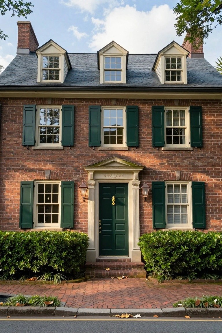 A two-story red brick house with dark green shutters on multi-pane windows, dormer windows on a slate roof, a green front door with brass hardware, lanterns, and boxwood shrubs along the brick walkway.