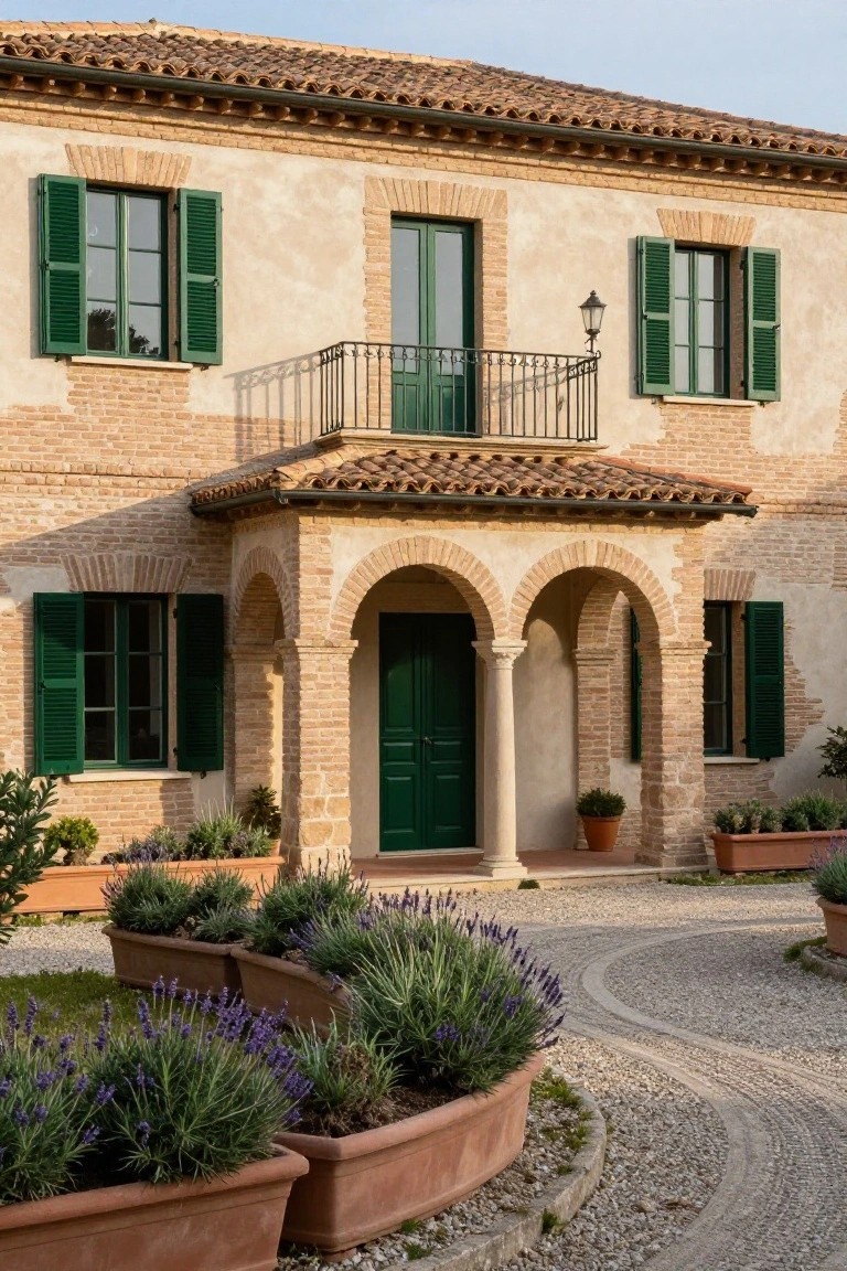 A two-story house with beige stucco and brick details, green shutters on multi-pane windows, a green double door under an arched entry porch with columns, a small upper balcony, and lavender plants in terracotta pots along a curved gravel path.