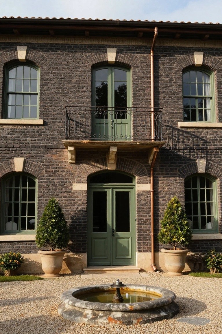 Two-story dark brick house facade with green-painted arched windows, double entry doors, upper balcony, copper downspout, flanked by potted topiary trees and a stone fountain in a gravel courtyard.