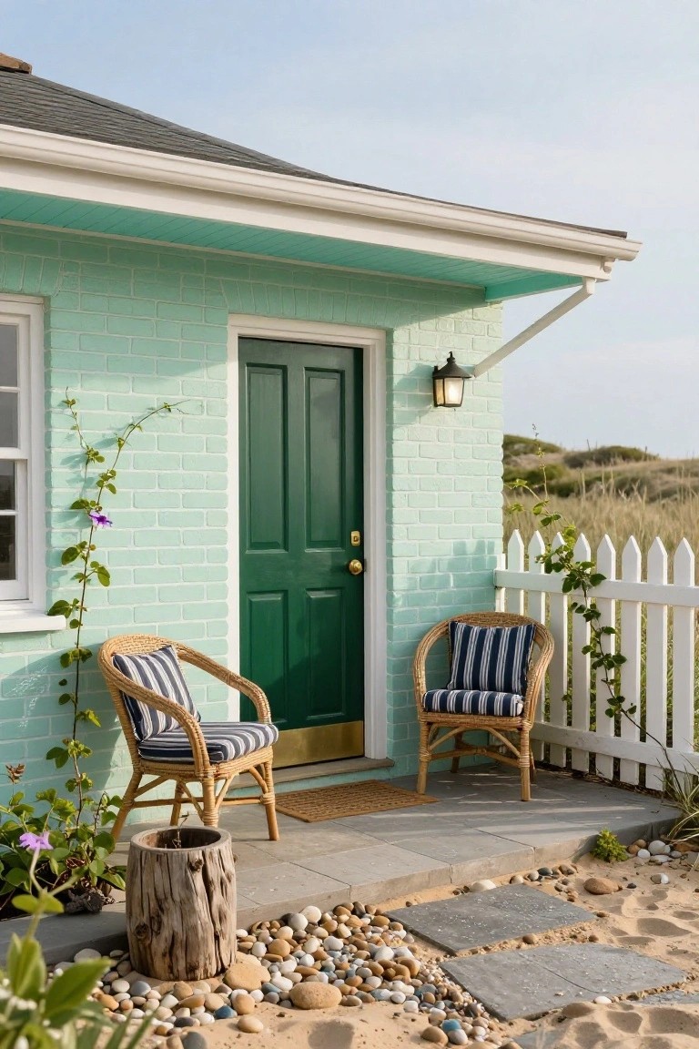 Mint green brick house exterior with deep green double front door, white window frames, lantern light, two wicker chairs with striped cushions on porch, plants, white picket fence, and pebbled sandy path near beach dunes.