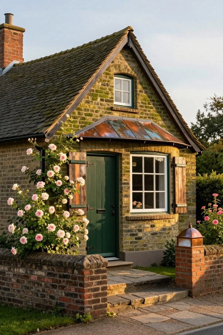 Small single-story brick cottage with moss-covered yellowish-green walls, steeply pitched mossy roof, green front door with shutters, large multipane window, climbing pink roses on the left wall, copper awning over entry, brick boundary walls, and lantern post beside steps.