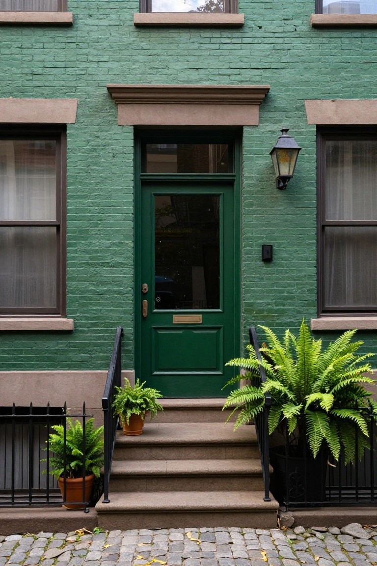 Green-painted brick facade of a narrow two-story townhouse with dark green front door, stone steps, potted ferns, black metal railing, wall lantern, and adjacent windows on a cobblestone street.
