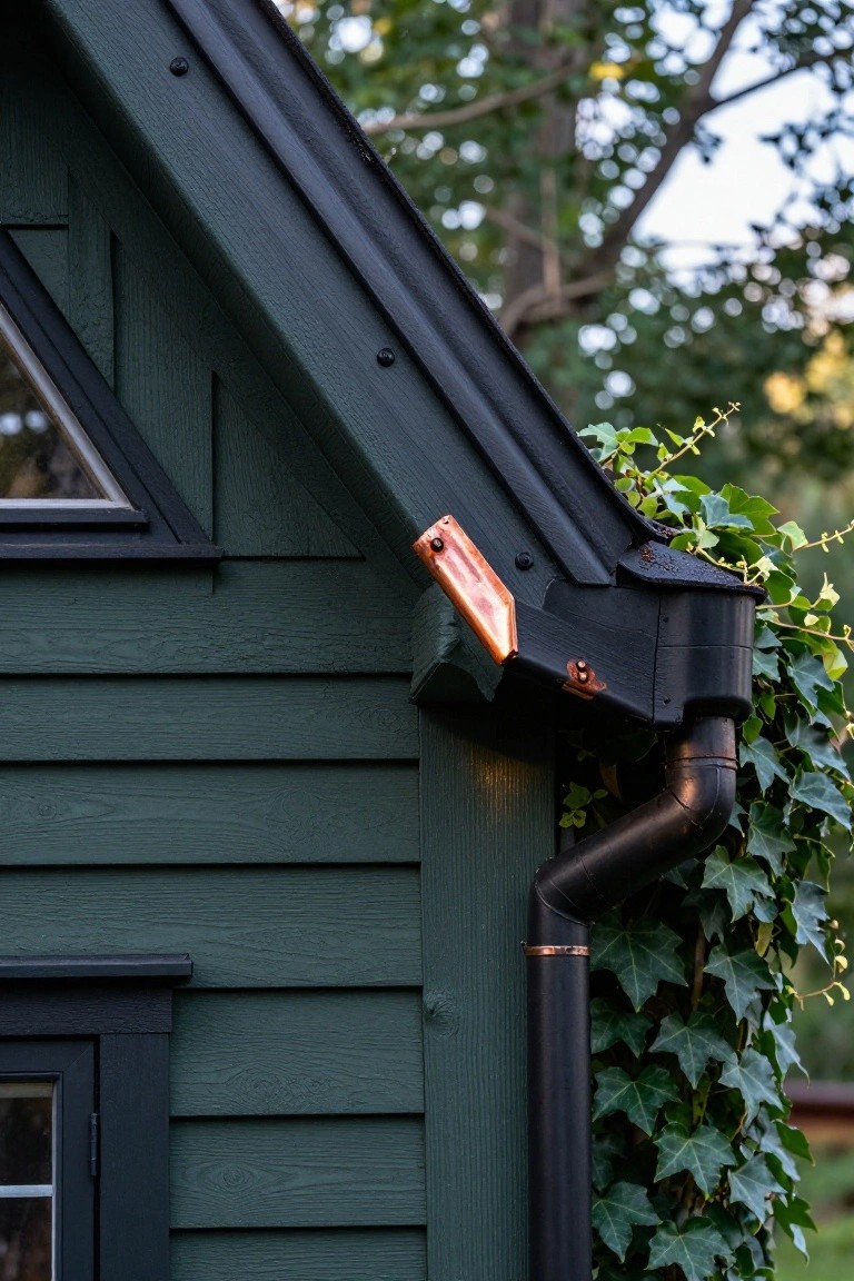 Close-up of dark green board-and-batten siding on a house corner with black gutters and downspouts, copper flashing accents, climbing ivy, and dark-framed windows against a wooded background.