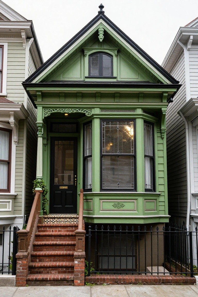 Narrow two-story green Victorian house with black gutters, ornate wood trim, bay window, black front door, brick steps, iron fence, and potted plants, next to pale neighboring homes on a street.