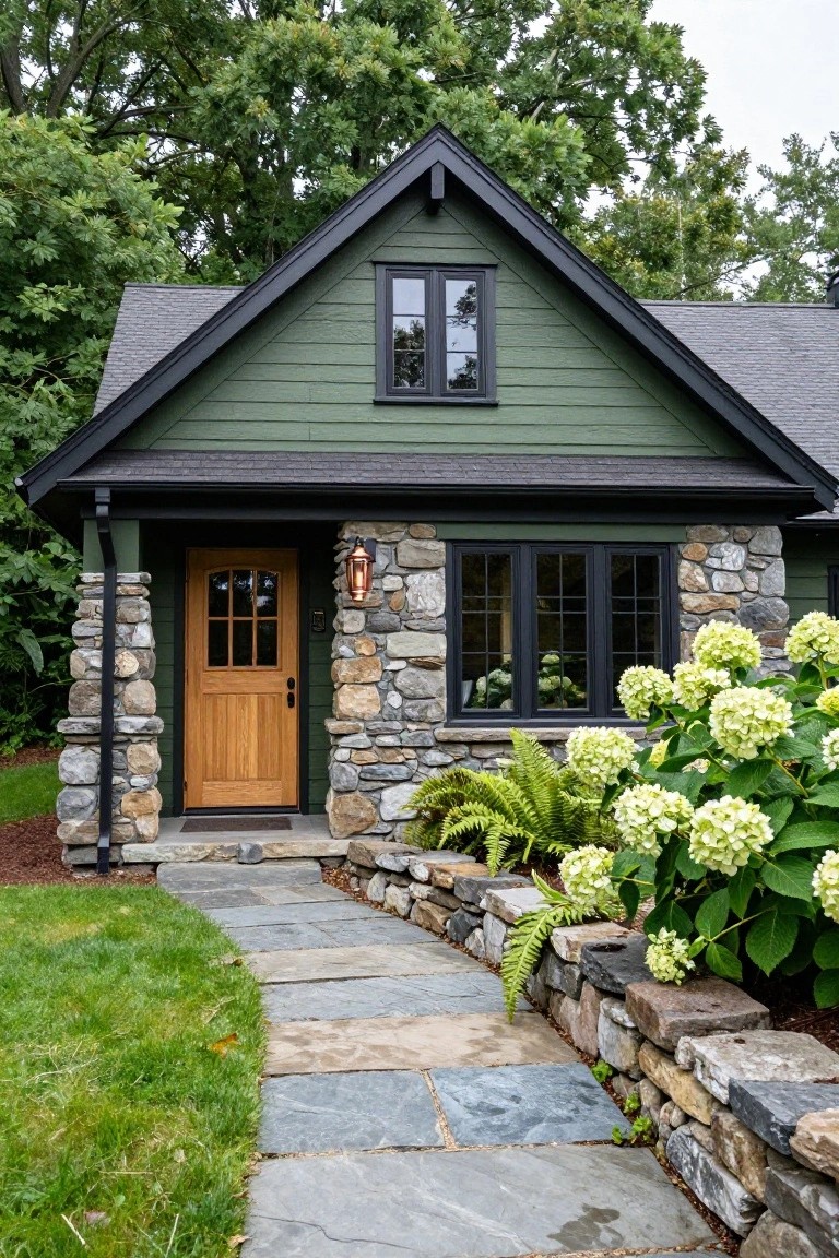 Small dark green clapboard house with black-shingled gable roof, black gutters, black window frames, wooden front door, stone pillars and foundation at entry porch, hydrangea bushes, ferns, and flagstone path in front yard.
