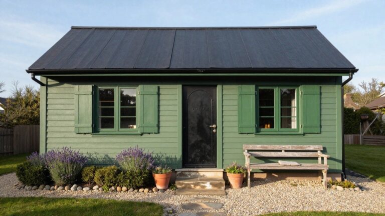 Small pale green clapboard shed with dark green shutters framing a black arched door and window, flanked by terracotta pots of lavender, stone entry steps, gravel path edged with rocks, and surrounding garden plantings.