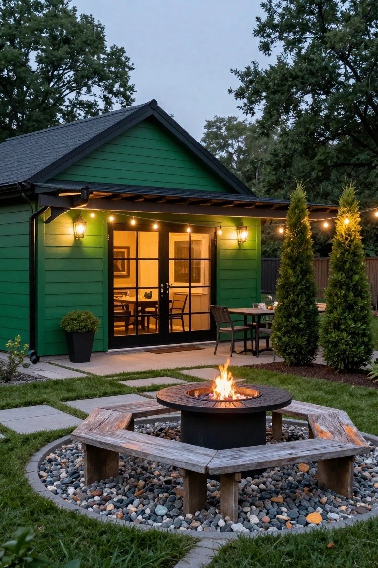 Green painted shed-style building with black gutters and trim, open glass doors showing interior dining table, flanked by lanterns and string lights, two tall evergreen trees, potted plants, and a foreground gas fire pit encircled by hexagonal wood bench in gravel bed on paver patio.