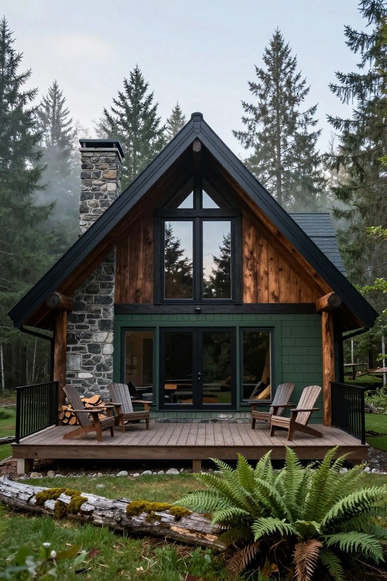 A two-story A-frame cabin with dark wood cladding, green siding panels, black metal roof and gutters, large black-framed windows, stone chimney, wooden deck with Adirondack chairs and firewood stack, surrounded by tall trees, ferns, and mossy logs.
