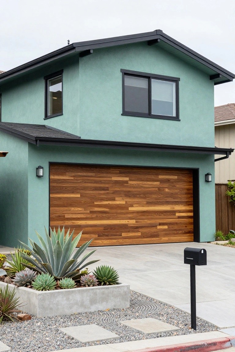 Two-story house exterior painted soft teal with black roofline gutters and window frames, featuring a vertical wood slat garage door, concrete planter of succulents, gravel ground cover, and black mailbox on a driveway.