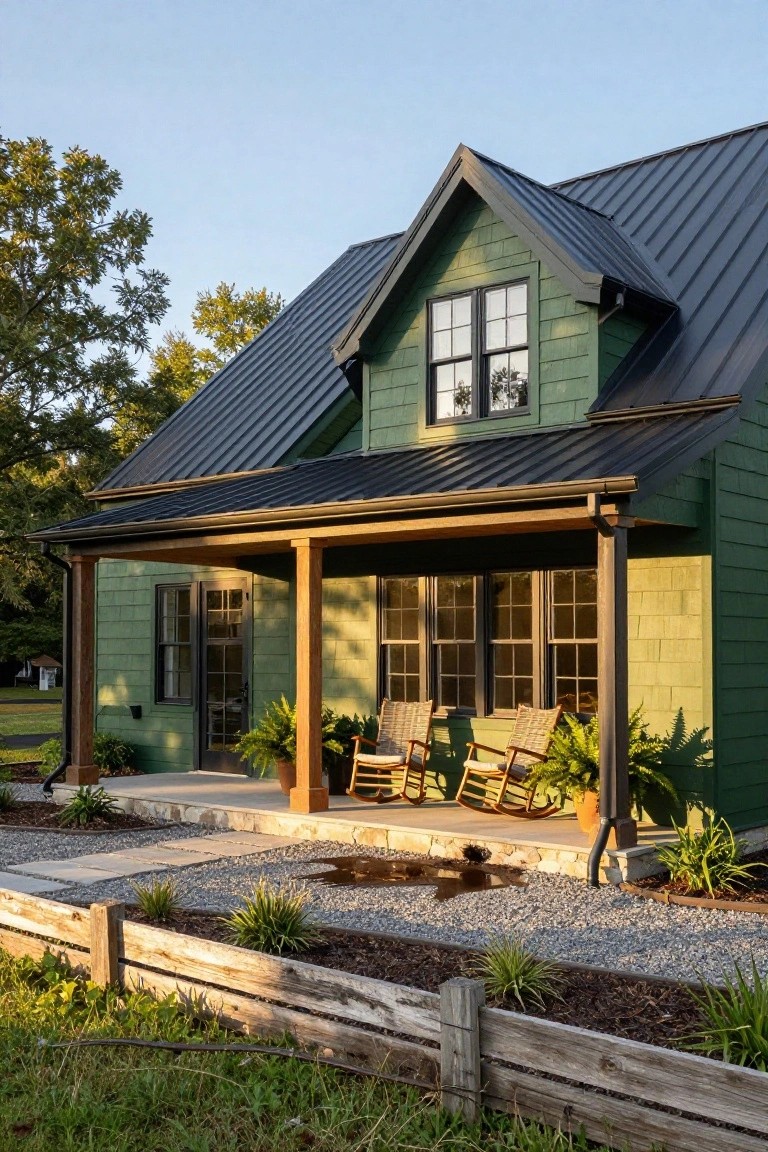 Side view of a sage green clapboard house with black standing-seam metal roof and gutters, wide front porch with wooden posts and railing, two wicker rocking chairs on porch, potted ferns, gravel yard with stone path and wooden edging.