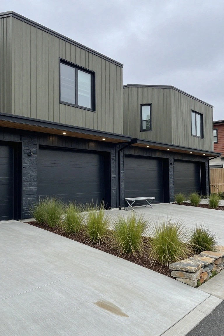 Two attached houses with green vertical siding, black garage doors, black gutters, lit soffits, concrete driveway, gravel planting beds with tall grasses, and a stone retaining wall.