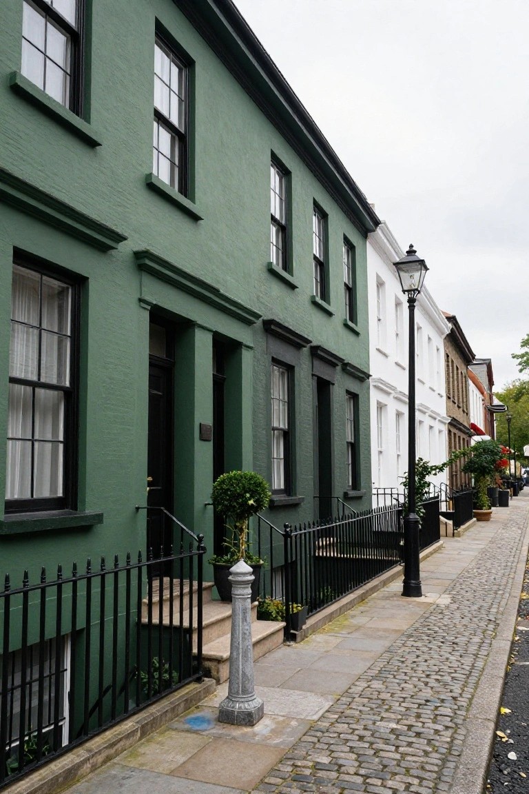 Dark green painted terraced brick house with black window frames, door, railings, and gutters beside white houses on a cobblestone street with a street lamp.