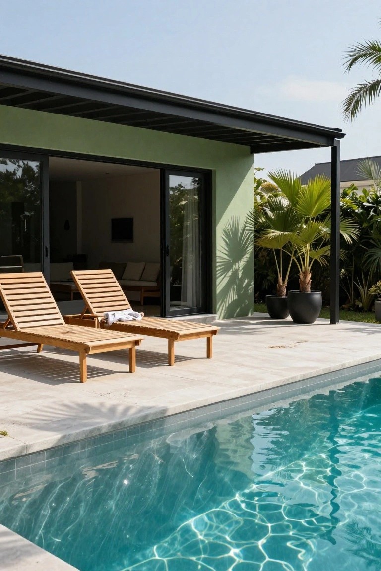 Light green house exterior with black metal roof overhang and frames on large open sliding glass doors, adjacent to a tiled patio with two wooden loungers next to a turquoise pool and potted palm trees.