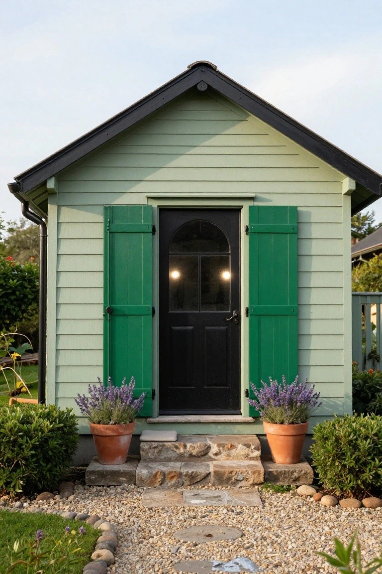 Small pale green clapboard shed with dark green shutters framing a black arched door and window, flanked by terracotta pots of lavender, stone entry steps, gravel path edged with rocks, and surrounding garden plantings.