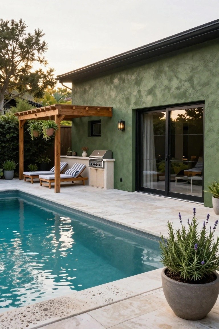 Green stucco house wall with black-framed sliding glass doors next to a turquoise pool, wooden pergola shading lounge chairs and built-in barbecue on a light stone patio with potted plants and lavender.