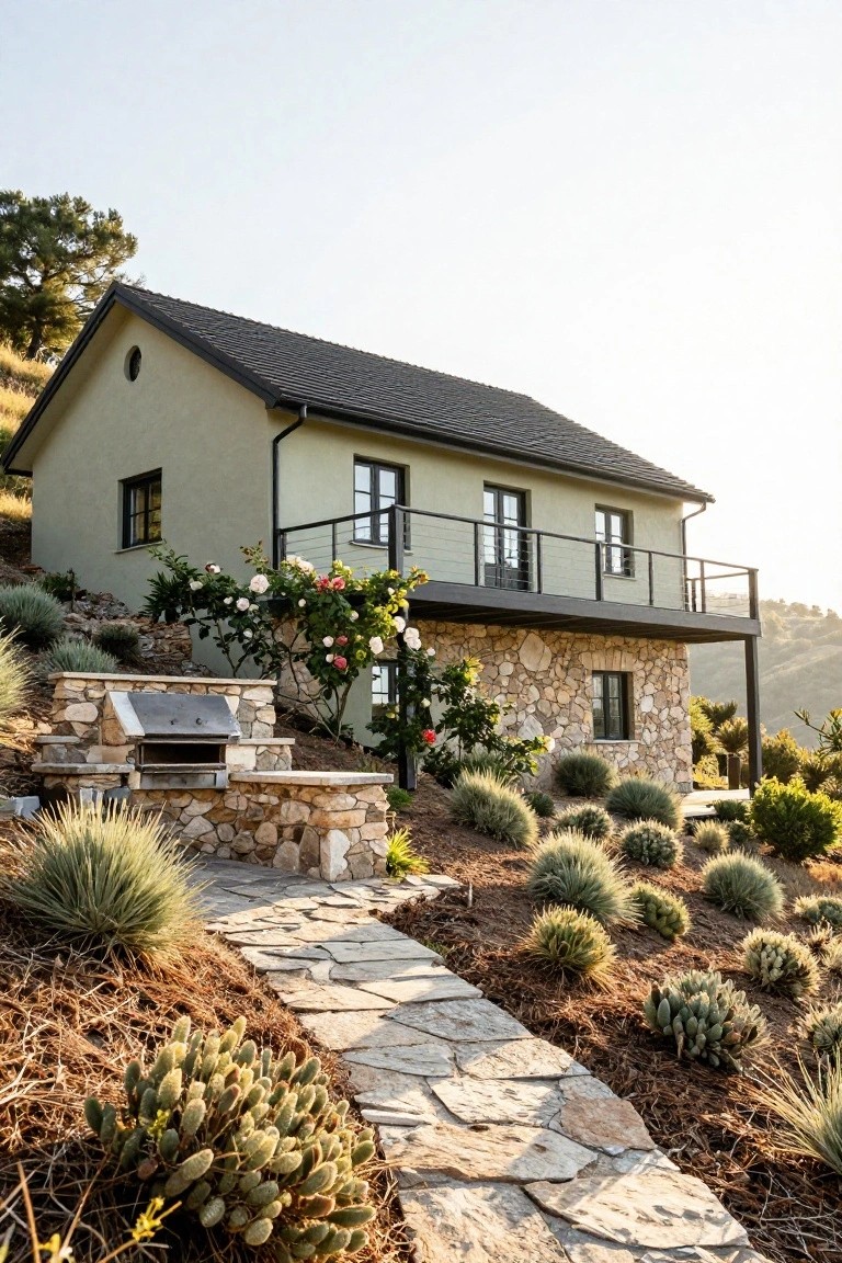 Sage green stucco house with black roof gutters balcony railing and trim built into a hillside with stone foundation barbecue outdoor kitchen stone path and drought-tolerant plants like agave and roses.