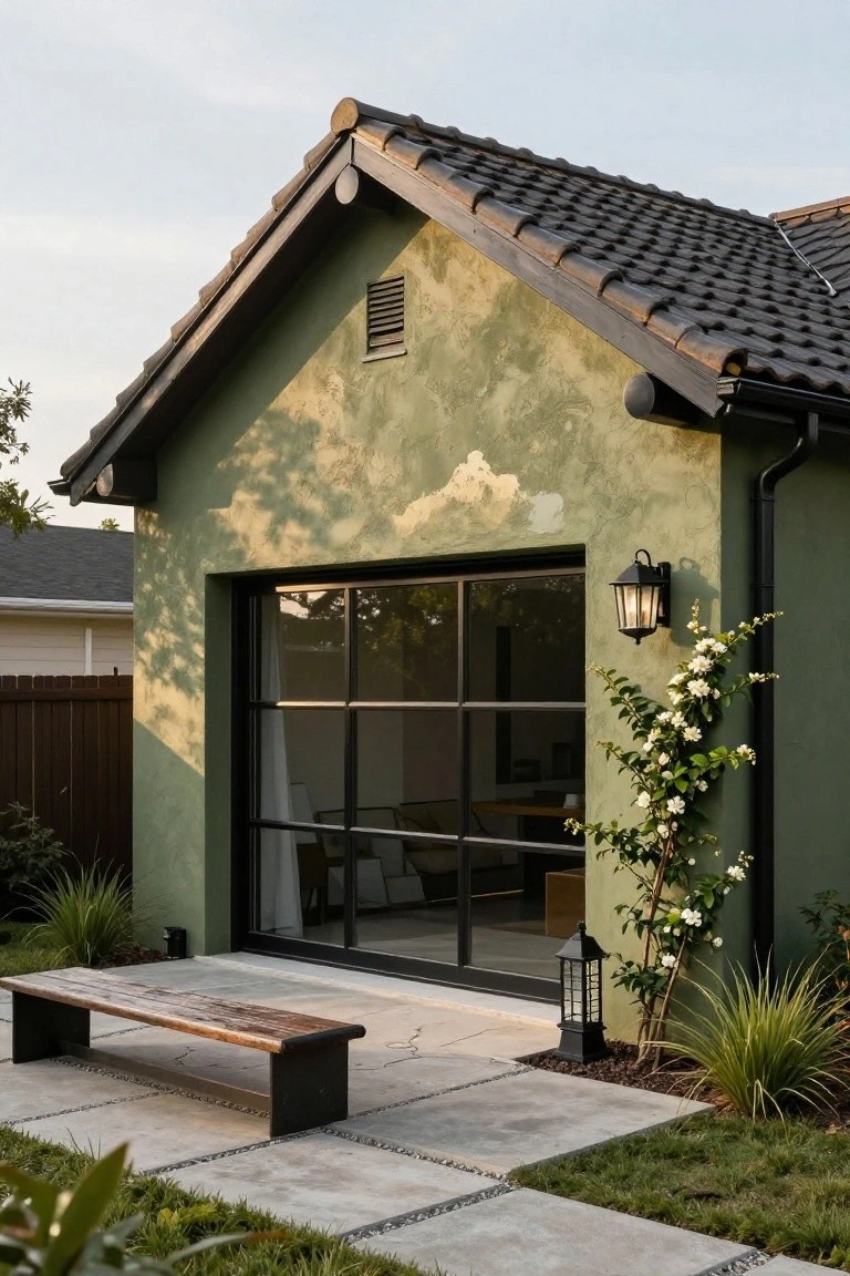 Side view of a sage green stucco house featuring black tile roof, black gutters and downspouts, large black-framed glass garage door, climbing white roses on the wall, lantern lights, wooden bench on concrete pavers, and low plants in the yard.