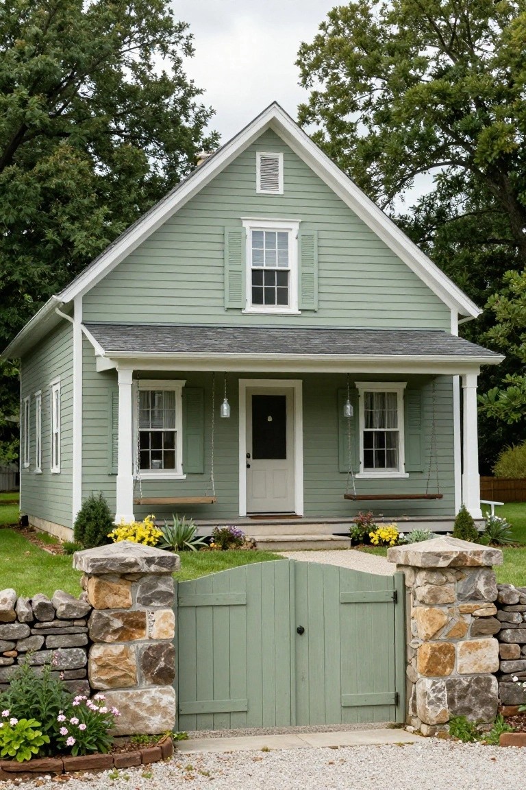 Light green clapboard house with gabled roof, white trim, front porch swing, and white door, approached via a green wood gate between tall stone pillars and low stone walls edged with flowers and shrubs.