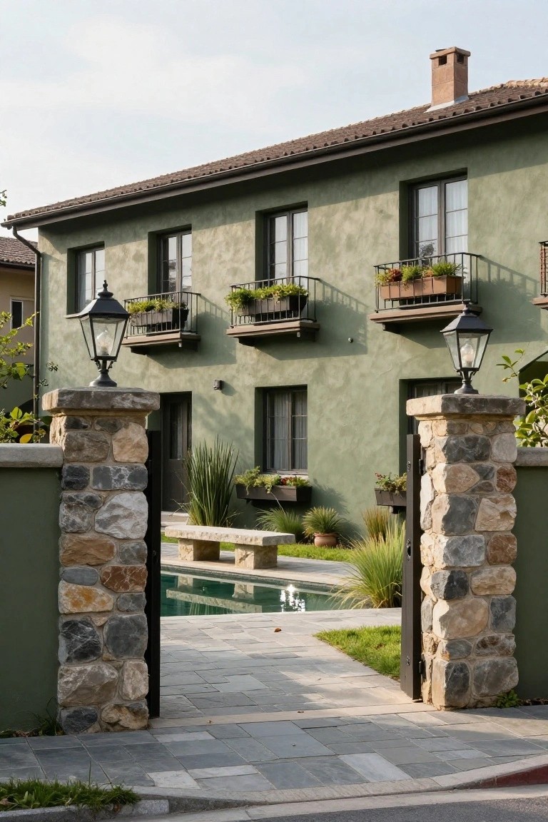 Green stucco house exterior with two tall stone pillars topped by lanterns flanking an open black metal gate, leading to a stone path and pool area with landscaping.