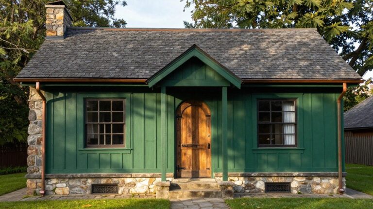A small two-story green-painted wooden house with gabled roof, stone foundation and chimneys, arched wooden front door, multiple windows with plants inside, and low plantings around the base on a paved walkway beside a street.