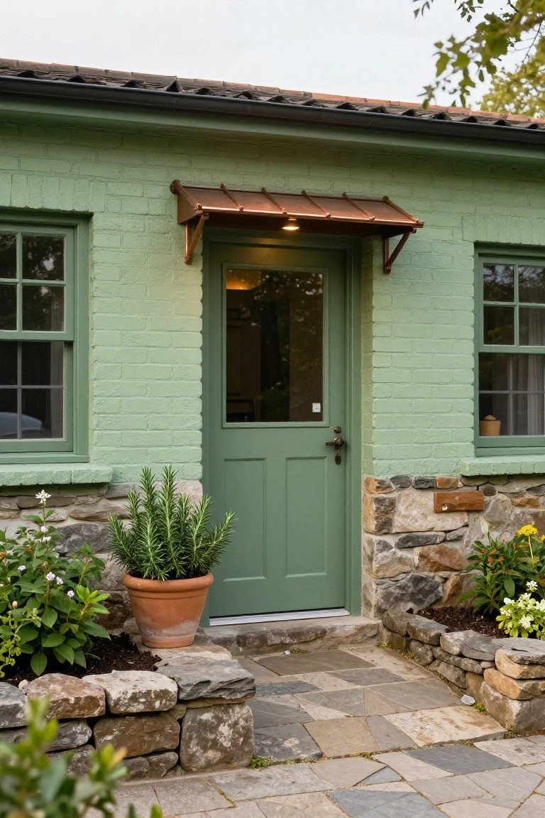 Green-painted brick cottage exterior with centered glass-paneled wooden door under copper awning, flanked by windows, stone foundation walls, potted rosemary plant, flowers, and flagstone entry path.