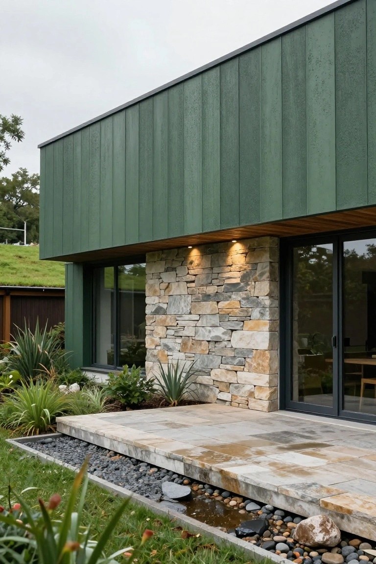 Side exterior of a modern house featuring dark green vertical wood cladding, a textured light stone accent wall with large black-framed glass doors and windows, a stone-paved terrace with pebble edging, and surrounding plants and grass.
