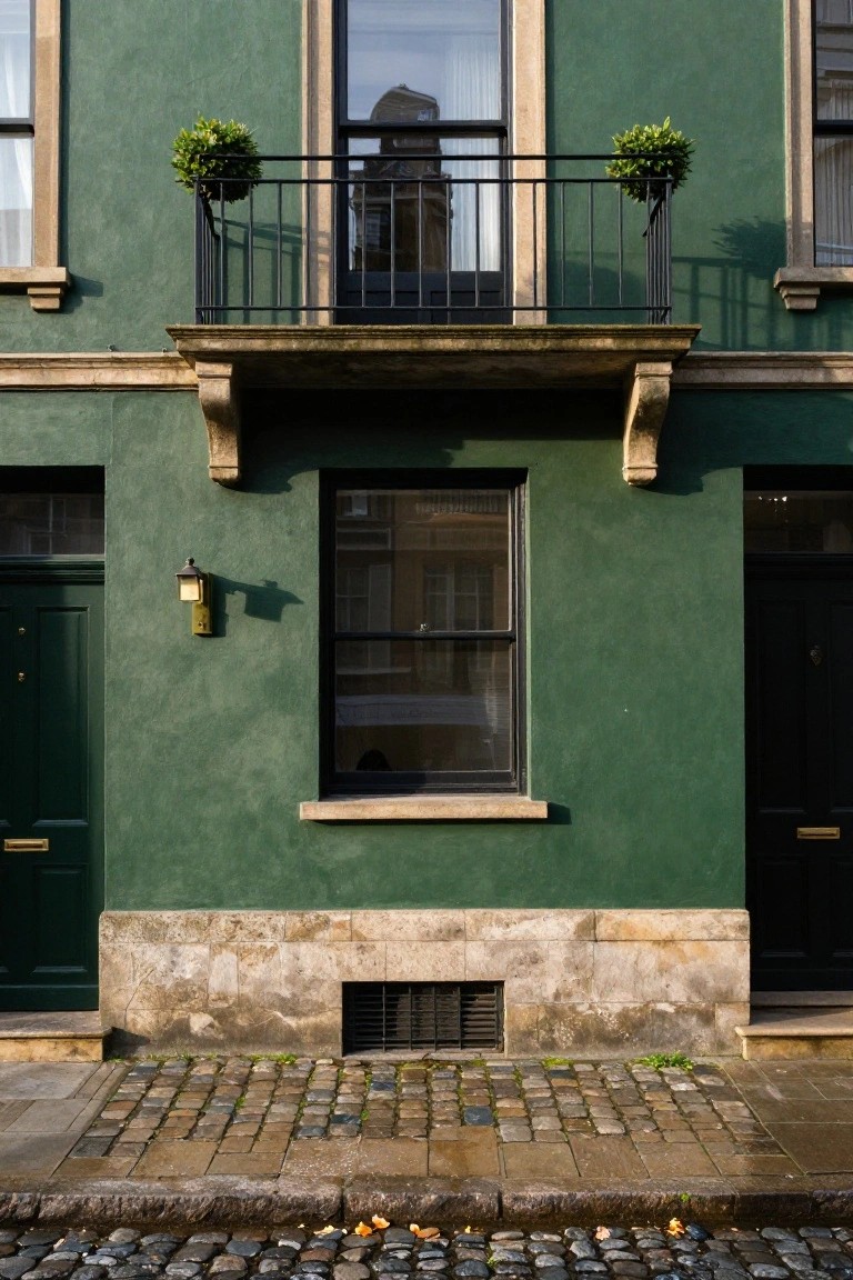 Green-painted stucco house facade with black front doors, a dark-framed window, iron balcony with potted plants above, stone base and brackets, wall light, and cobblestone street with autumn leaves.