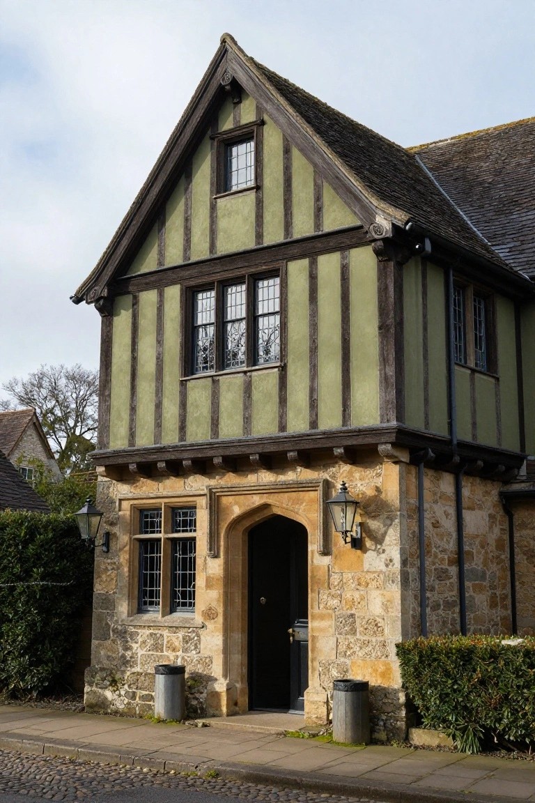 Front exterior of a two-story green half-timbered house with dark wooden beams, stone base around the arched entry door, lanterns on either side, trash bins nearby, bushes, and a cobblestone street.