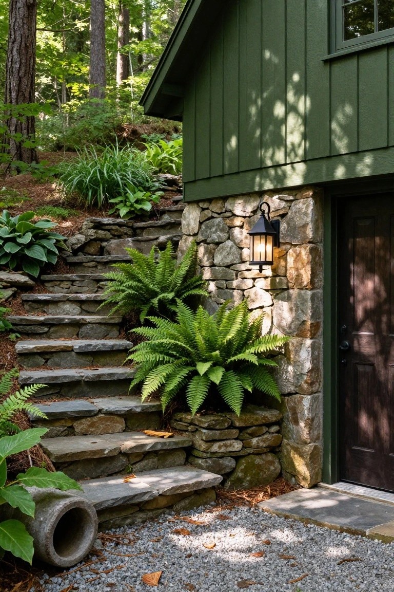 Green vertical board and batten house with fieldstone retaining walls and steps leading to a dark wood entry door, surrounded by ferns, hostas, and a lantern light in a forested setting.