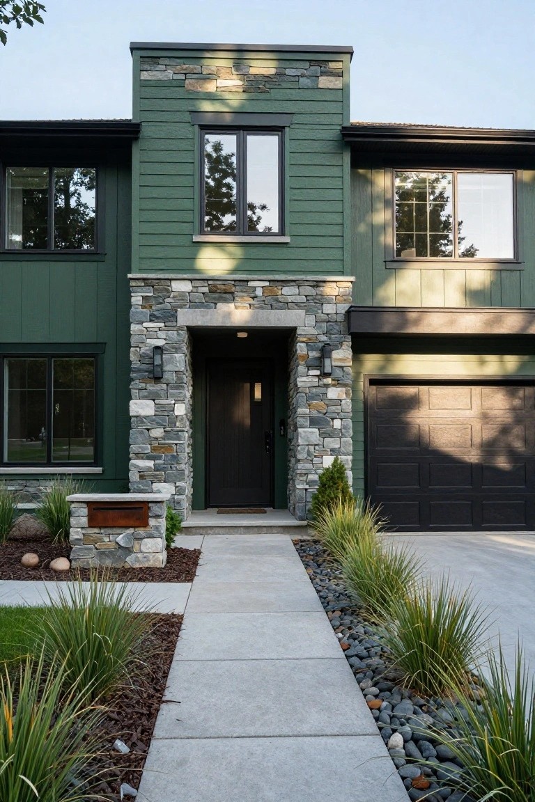 Front exterior of a two-story house with dark green horizontal siding, gray stone pillars and accents framing a black entry door, dark wood garage door, concrete walkway bordered by ornamental grasses and pebbles, and low planting beds.