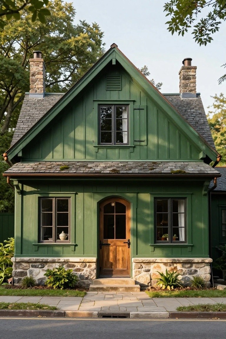 A small two-story green-painted wooden house with gabled roof, stone foundation and chimneys, arched wooden front door, multiple windows with plants inside, and low plantings around the base on a paved walkway beside a street.