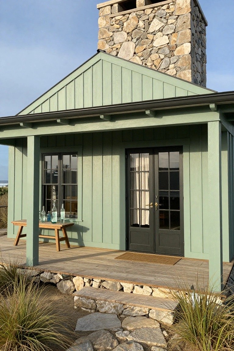 Sage green vertical board-and-batten house with tall stacked stone chimney, wooden porch supported by posts, black-framed windows and double doors, wooden bench with glass bottles, stone steps, and grasses at the base.