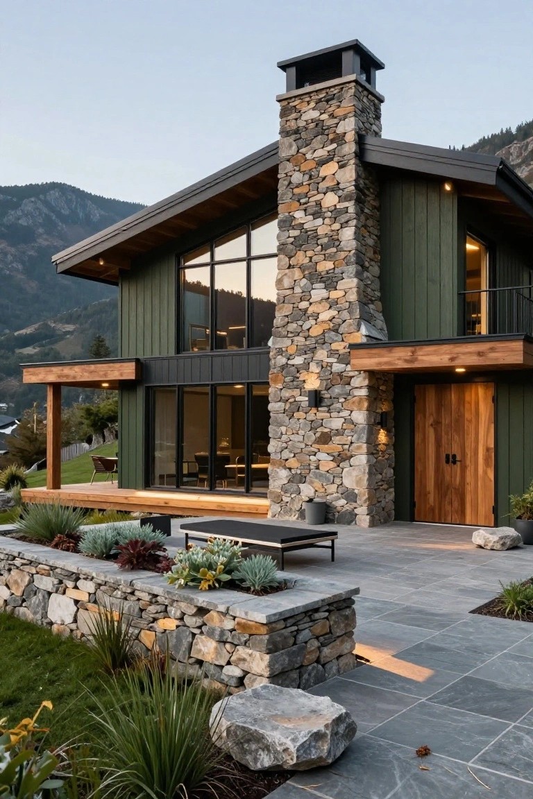Two-story modern house with dark green wood siding, tall stacked stone chimney, large glass windows, wooden front door, covered deck, stone retaining wall with plants, patio furniture, and mountain backdrop at dusk.
