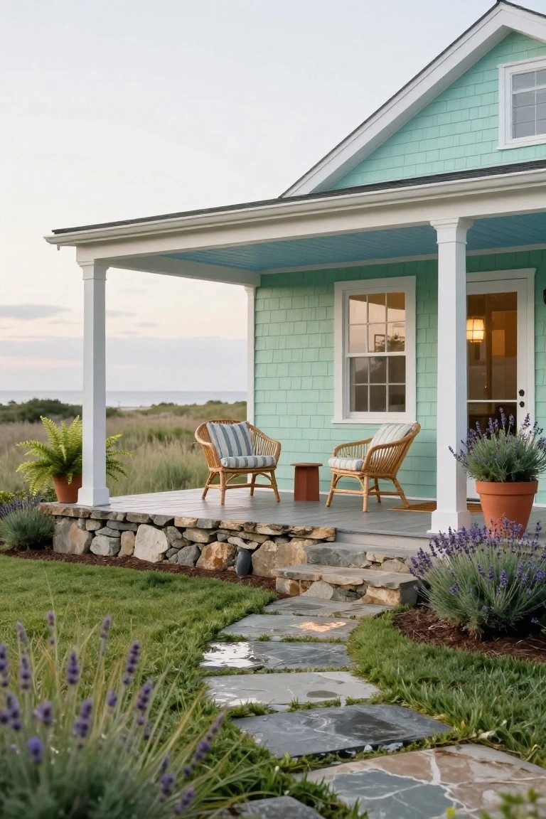 Exterior side view of a mint green shingled house with covered porch supported by white columns, two wicker chairs and side table on porch deck, fieldstone retaining wall with slate steps and path leading up, lavender plants in pots, and background view of marsh and ocean.