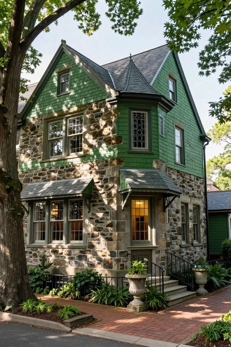 Two-story green shingled house with stone foundation and lower walls, featuring a covered entry porch with steps, bay windows, flanked by large trees and low plantings along a brick path.