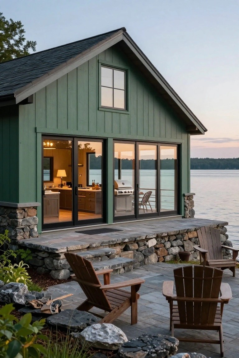 Dark green clapboard boathouse with large sliding glass doors and windows facing a lake, built on a fieldstone foundation with a stone patio, Adirondack chairs, and shoreline landscaping in the foreground.
