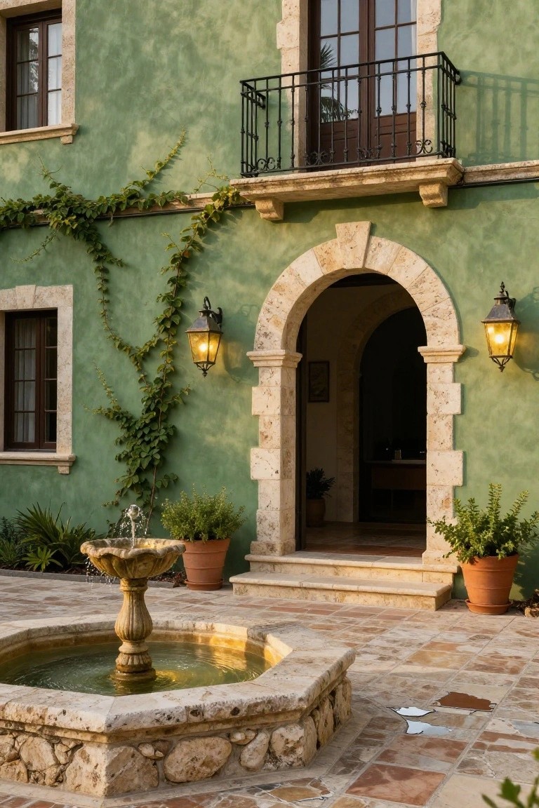Green stucco house exterior with climbing ivy, stone arched entryway flanked by lanterns, upper balcony, potted plants, and octagonal stone fountain on tiled patio.
