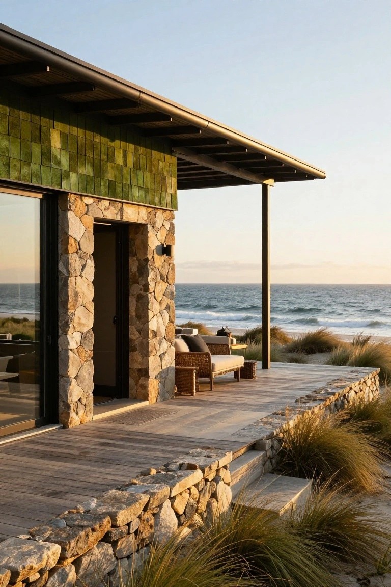 Exterior of a beach house with green tiled upper walls, stone cladding around the entry door and deck edges, wooden deck with cushioned seating, overlooking ocean waves and sand dunes.