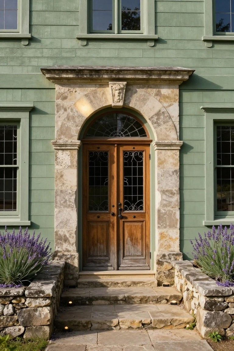 Green clapboard house exterior with a light stone archway over a wooden double door featuring decorative ironwork and glass panels, flanked by lavender plants in stone wall planters and leading to stone steps.